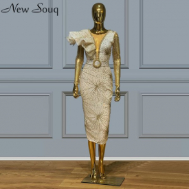 Sexy Tea Length Mermaid Evening Dresses Illusion V Neck Beaded Abendkleider Robes Prom Party Gowns Vestido De Festa