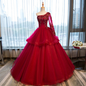 2018 New Sexy Red One Sleeve Appliques Beading Ball Gown Quinceanera Dresses Crystal Sweet 16 Dresses Debutante 15 Year Party Dress BQ100