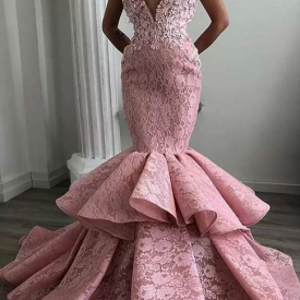 Sexy Sweetheart Lace Arabic Mermaid 2019 Pink Evening Dresses Pageant Tiers Long Prom Occasion Gowns Vestido de noche Party Wear For Women