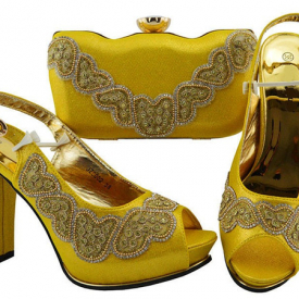 Beautiful yellow women pumps with rhinestone decoration african shoes match handbag set for dress JZC002,heel 11.5CM