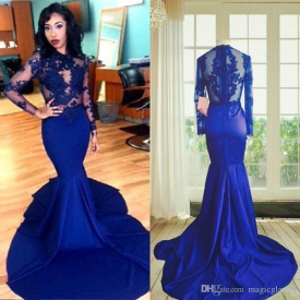 2019 African Long Sleeve Prom Dresses Jewel Neck Lace Appliqued Sweep Train Satin Mermaid Royal Evening Dressess for Black Girls Paty Wear