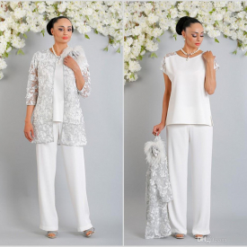 2019 Long Mother of the Bride Pant Suits With Silver Jacket Lace Appliqued Feather Wedding Guest Dress Custom Women Outfit Evening Gowns