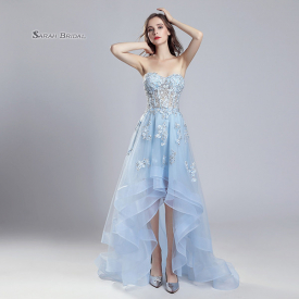 Baby Blue Lace A-Line Hi-Lo Prom Party Dress 2019 Sexy Elegant Vestidos De Festa Evening Occasion Sleeveless Formal Gown LX552