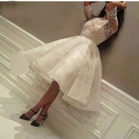 Fashion Ivory Short Prom Dress Lace Applique Beads Half Sleeve Knee Length Dubai Arabic Cocktail Party Gowns