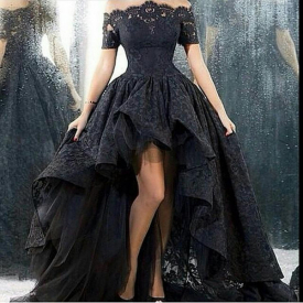 wedding dress short front long back strapless Hi-Lo floor length black lace wedding dress Lace Up Back Custom Size