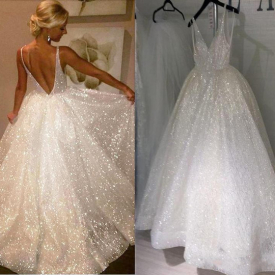 2021 Glittering Sequin Fabric V Backless Wedding Bridal Dresses Sheer Straps V neck Ruched Sweep Train Blingbling Cheap Wedding Gowns Cheap