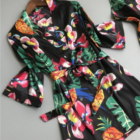 New Hot Women Thin Three Pieces Sleepwear Spring Autumn Long Sleeve Pajamas Sets Rayon Floral Print Black Intimates