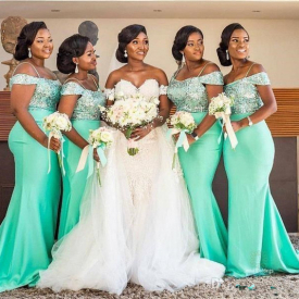 Glitter Sequined 2020 Green Satin African Bridesmaid Dresses Off Shoulder Sexy Mermaid Wedding Guest Prom Gowns Maid Of Honor Dress