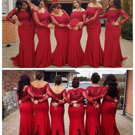 Cheap Lace Dark Red Mermaid Bridesmaid Dresses 2019 New For Weddings Long Sleeves Lace Appliques Sashes Party Sweep Train Maid Honor Gowns