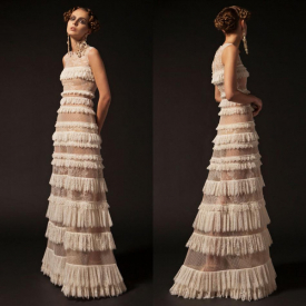Krikor Jabotian 2019 Lace Ivory Prom Dresses Jewel Neck A Line Sexy Formal Party Dress Cake Tutu Ruffles Pageant Evening Gowns