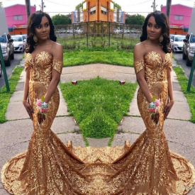 2019 Gold Mermaid Prom Dress Sweetheart Graduation Sequins Off Shoulder Evening Gown Custom Made Luxury Quinceanera Special Occasion Dresses