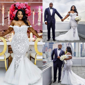 White Plus Size Mermaid Wedding Dress Off Shoulder Sweetheart Trumpet Lace Bridal Gown Sweep Train Appliqued Africa Black Girl Wedding Dress