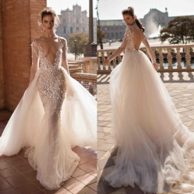 2019 Berta Designer Mermaid Summer Beach Wedding Dresses Overskirt Long Sleeves Bohemian Bridal Gowns Plus Size Boho V vestido de novia