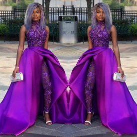 Purple Lace Stain Evening Jumpsuit With Train 2019 High Neck African Plus Size Classic Occasion Prom Pant Suit Dress Wear