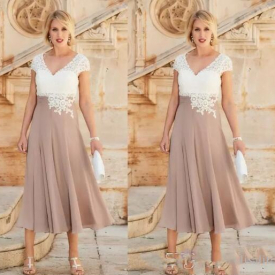 White Black V neck Lace Mother Of The Bride Dresses Applique Beads Cap Sleeves Tea Length Plus Size Wedding Guest Gowns