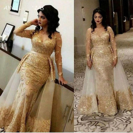 New Arabic Gold Champagne Evening Dresses Wear for Women Mermaid Lace Appliques Beads Long Sleeves Overskirts Formal Prom Dress Party Gowns