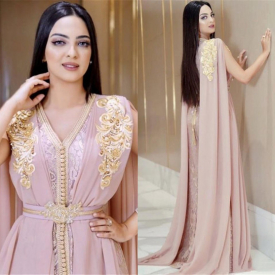 2020 Beaded Muslim Long Evening Dresses Luxury Dubai Moroccan Kaftan Dress Chiffon V Neck Formal Gown Evening Party Dresses
