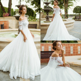 Elegant White Wedding Dresses Off The Shoulder Lace Appliqued A Line Country Wedding Dress Half Long Sleeve Plus Size robe de mariée