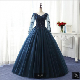 Free shipping navy blue ball gown prom dresses long sleeve beaded appliques formal prom dress modest pearls princess prom gowns hot sale