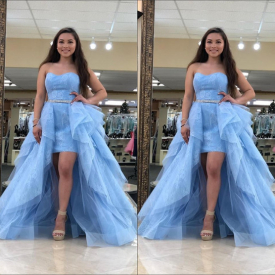 Light Sky Blue Lace Prom Dresses Ball Gown Detachable Train Ruffles Beaded Sashes Strapless Sweet 16 Dress Evening Gowns Party Formal Gowns