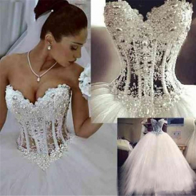 2019 Arabic Sweetheart Corset See Through Floor Length Princess Bridal Gowns Beaded Lace Pearls Custom Made Ball Gown Wedding Dresses