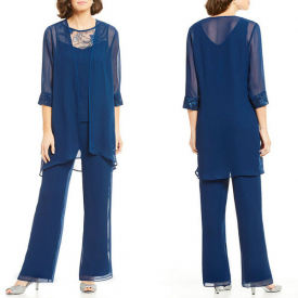 2019 Blue Mother Of the Bride Pant Suits 3/4 Long Sleeves Chiffon Wedding Guest Dress Jewel Neck Evening Gown Prom Dresses