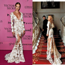 Zuhair Murad 2019 Sheer Lace Evening Dress Long Sleeve Red Carpet V-Neck Appliques Long Wears Illusion Prom Fashion Celebrity Party Gown