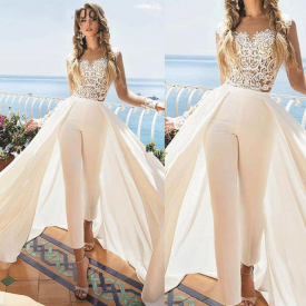 Unique Jumpsuit Wedding Dresses with Detachable Train Ankle Length Jewel Neck Appliques Outfit Bridal Dress Satin Overskirt Wedding Gowns