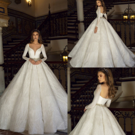2020 Luxury Modest Long Sleeve Wedding Dresses V Neck Lace Glitter Beads Ruffles Belt Church Wedding Gowns Floor Length Arabic Bridal Dress