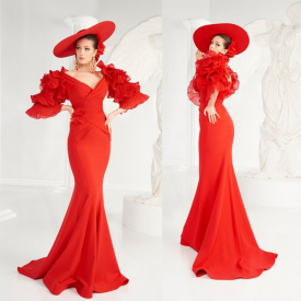 2020 Red Mermaid Evening Dresses Deep V Neck Half Long Sleeves Ruffles Prom Gowns Designed Sweep Train Formal Party Dress Custom Made