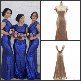 Rose Gold Sequin Bridesmaid Dresses Mermaid Maid of Honor Dress Sparkly Backless Wedding Party Gown Cap Sleeves Long Wedding Guest Dress