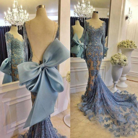 Arabic Dubai Long Sleeve Mermaid Evening Dresses Backless Appliques Lace Blue Party Gowns For Women Bow applique Rhinestone