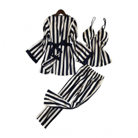 3 pieces stripes Sexy women pajama sets nightgown + Suit + pants women pajamas