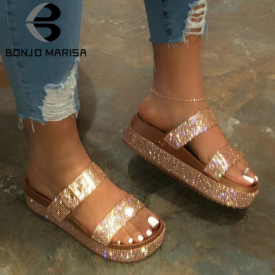 BONJOMARISA 2020 INS Hot Bling Rhinestone Slippers High Platform Crystal Slippers Women 2020 Summer Casual Wedges Shoes Woman