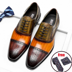 Phenkang Men Genuine Wingtip Leather Oxford Shoes Pointed Toe Lace-Up Oxfords Dress Brogues Wedding Business Platform Shoes