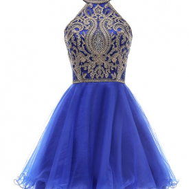 Royal Blue Prom Dresses Halter Short Homecoming Sequins Beaded A Line Girls Graduation Prom Cocktail Party Special Occasion Dresses