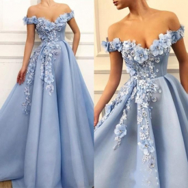 2019 Sexy Evening Dresses Light Sky Blue Off Shoulder Lace Hand Made Flowers Open Back Plus Size Long Prom Dress Party Pageant Gowns