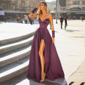 New Purple Evening Dresses 2021 Deep V-Neck Sweep Train Piping Side Split Modern Long Skirt Cheap Transparent Prom Formal Gowns Pageant Dress