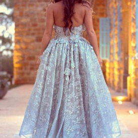 Vintage 2021 New High Low Flowers Lace Prom Es Sweetheart Formal Party Light Sky Blue Asymmetrical Evening Gowns 39UT