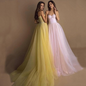 Bright 2021 New Yellow Prom Pink Dot Tulle A-line Long Party Formal Evening Es with Detachable Sleeves ZBI0
