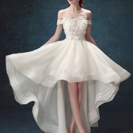 Ivory 2021 New Boat Neck Short Sleeve Off the Shoulder Appliques Lace Prom Es High Low Long Formal Evening Gowns Vestidos 36UG