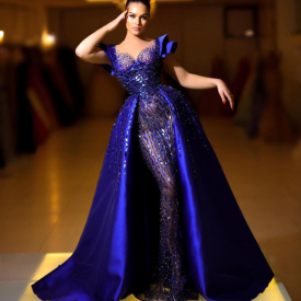 Aso Ebi 2021 Arabic Royal Blue Luxurious Evening Dresses Beaded Crystals Prom Dresses Sheer Neck Formal Party Second Reception Gowns ZJ062