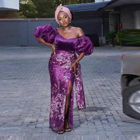 Aso Ebi Style Purple Mermaid Evening Dresses Off Shoulder Half Sleeves Appliques Lace Formal Women Plus Size Side Split Party Gowns