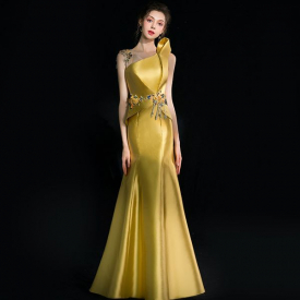 2023 Elegant Gold Sequined Mermaid Prom Dresses One Shoulder Neck Side Split Evening Gowns Satin Sweep Train special occasion Formal Dress