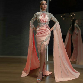 Plus Size Mermaid Prom Dresses long pink sequins Elegant Long Sleeves Evening Gowns 2021 Off Shoulder Women Formal Dress 2021