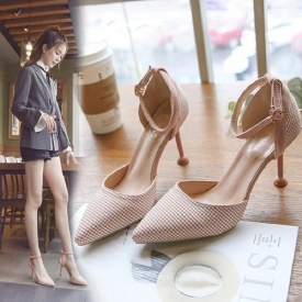 Sandals Simple Check Pattern High Heels Spring And Summer Fashion All-Match Pointed Shallow Mouth Ladies