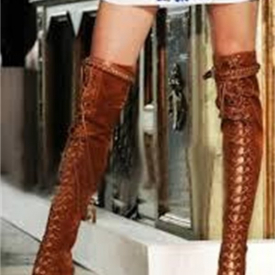 boot European brown suede leather on the knee lace up peep toe buckle belts thin metal high heels long sandals boots