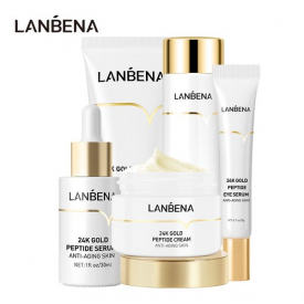 LANBENA 24K Gold Anti Aging Set Peptide Foam Facial Cleanser Bright Serum Beauty Face Cream Original Toner Fresh Eye Serum 5Pcs