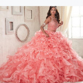2018 New Modest Ruffles Sweet 16 Ball Gown Plus Size Masquerade Sheer Prom Occasion Dress Coral Lace Organza Two Pieces Quinceanera Dresses