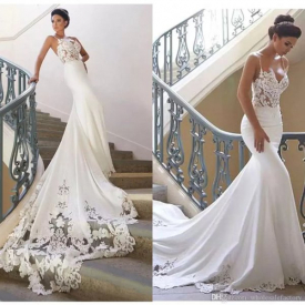 2022 Spaghetti Straps Satin Bohemia Mermaid Wedding Dresses Lace Applique Sweep Train Wedding Bridal Gowns robes de mariée BM0968